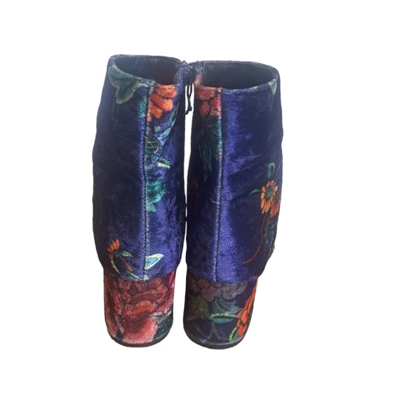 Floral Velveteen Fabric Booties Navy/Pink Women's Sz 37/6.5 Boho 60's Hippie - Picture 7 of 9